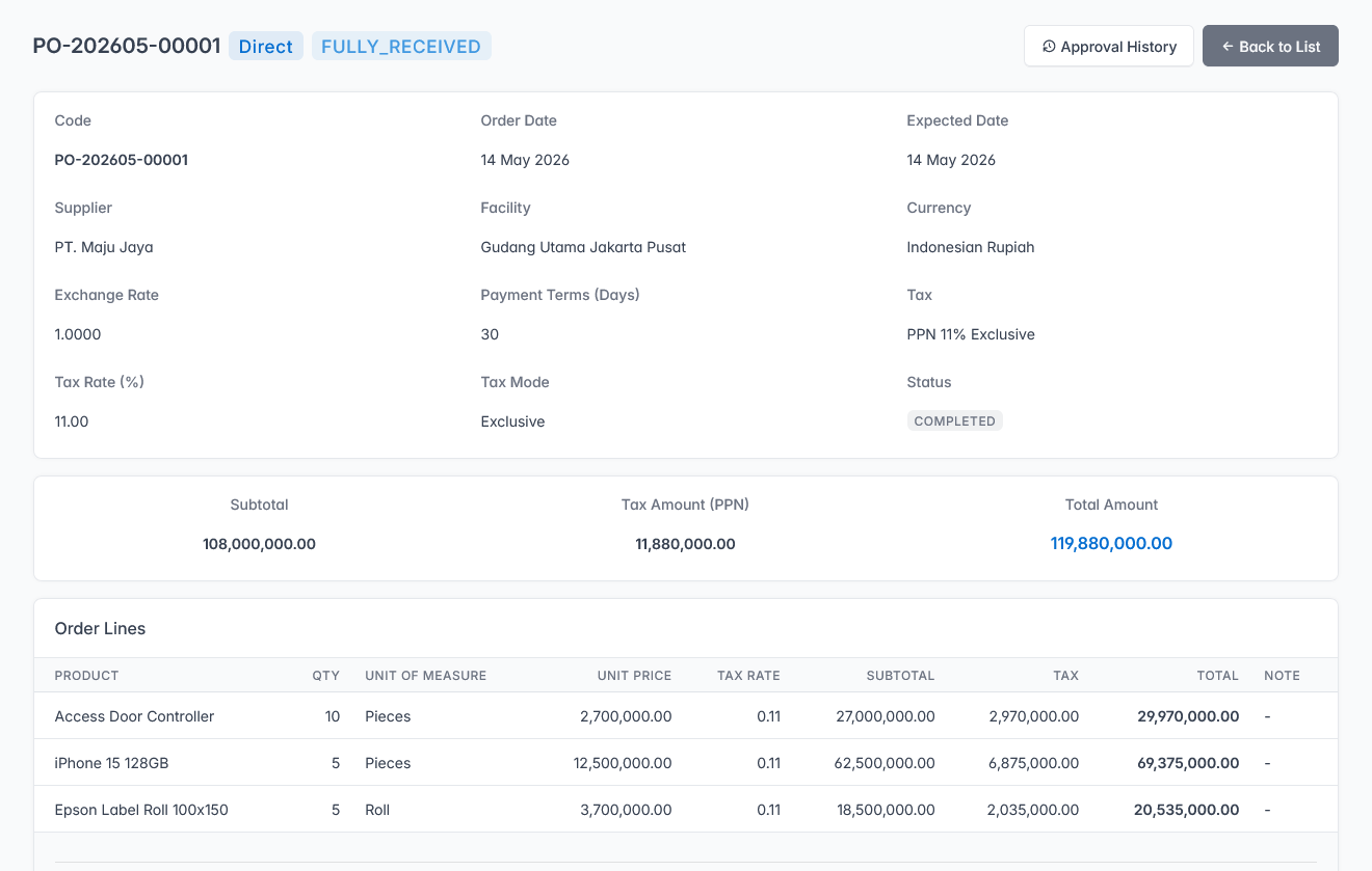 Workflow purchase order dengan approval, pajak, total, dan line item
